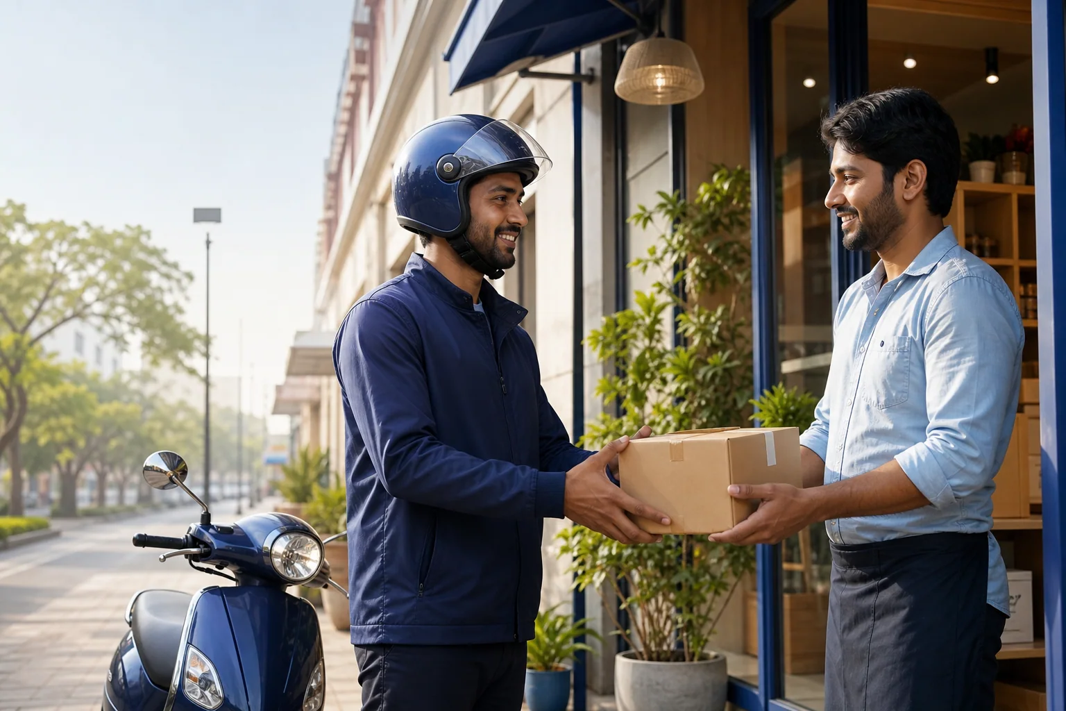 An Indiery delivery partner handing a parcel to a local business owner